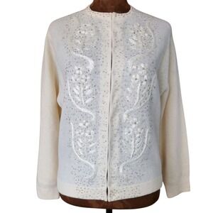 Barbara Lee Vintage 50's Cardigan Beaded Embroider Cream Wool Rabbit Sweater VTG